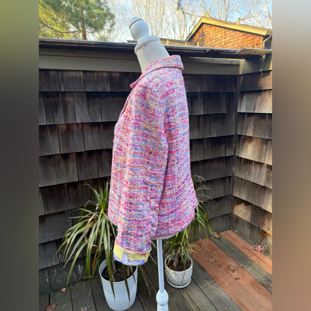 Escada tweed blazer jacket pastels silk floral lining Sz 44 L pinks yellows - Picture 12 of 13